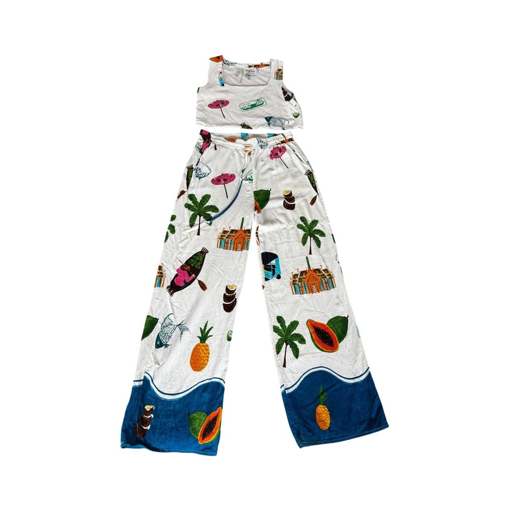Paper Heart Thailand Souvenir Print Crop Top and Wide Leg Rayon Pants Set SZ L
